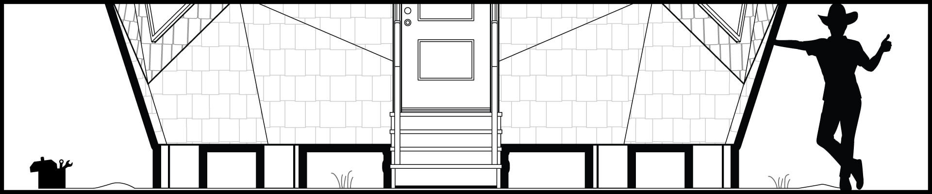 Black and white drawing of the base of the Mini Dome with a silhouette of a person leaning against it and giving a thumbs up.